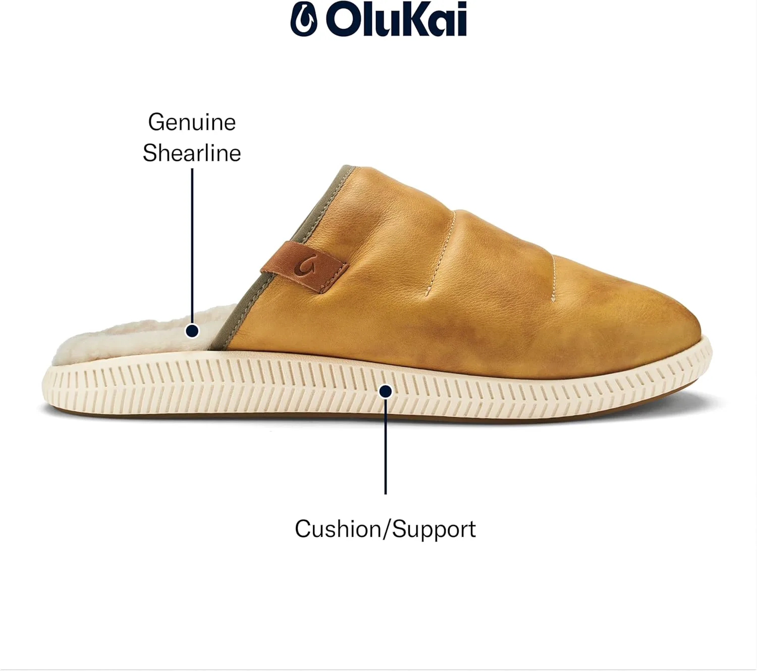Мужские тапочки OLUKAI Mua'lli, кожаные слипоны премиум-класса, с подкладкой из овчины и дополнительным теплом, золотой — фото 4