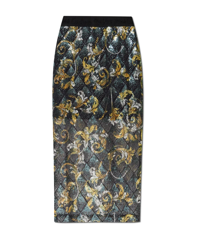 

Юбка, украшенная пайетками и узором в стиле барокко. Versace Jeans Couture, черный