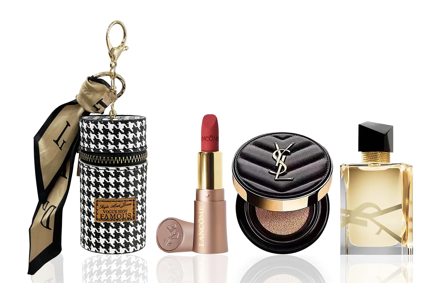 LANCOME Пробник помады, тональной основы и парфюма в розовом золоте, дорожный набор одежды, Houndstooth Set Pink Gold 888 1.6g+Black Cushion 5g+Freedom Water 7.5ml