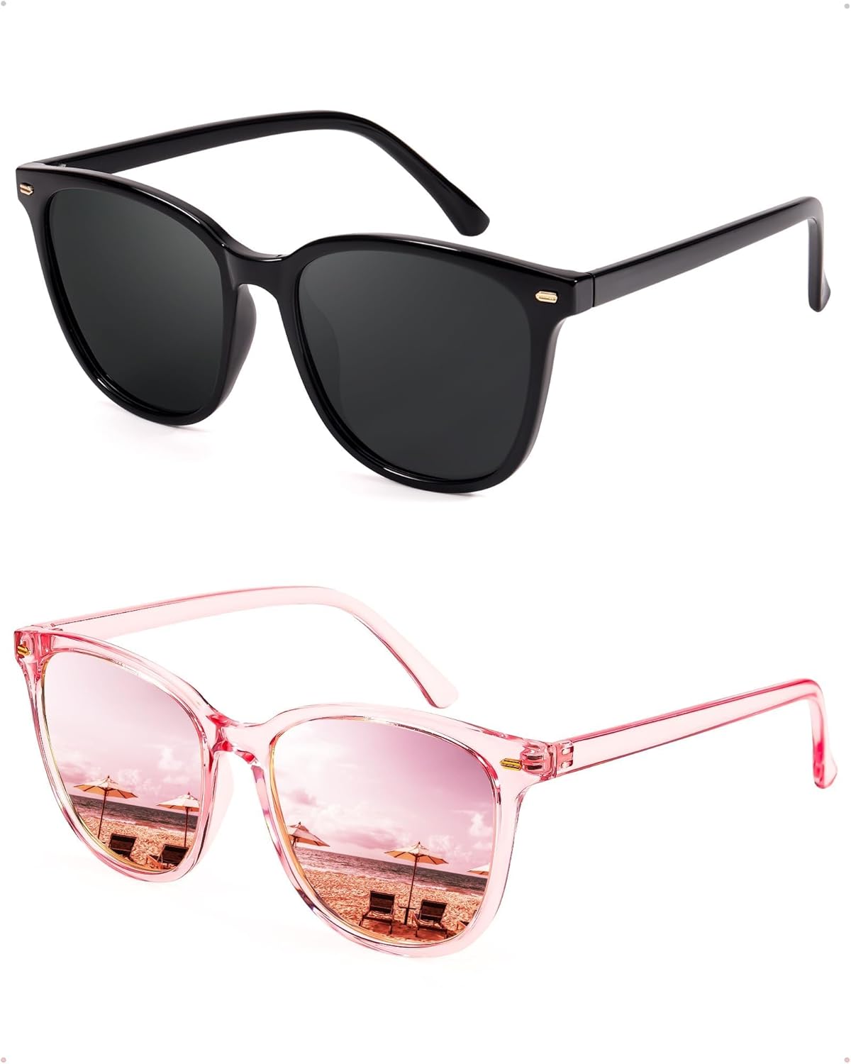 

FIMILU 2 пары солнцезащитных очков для женщин, поляризованные линзы с защитой UV400, большая оправа, модные очки, стильные и стильные, B01 (2 Pack) Black/Grey + Pink/Pink