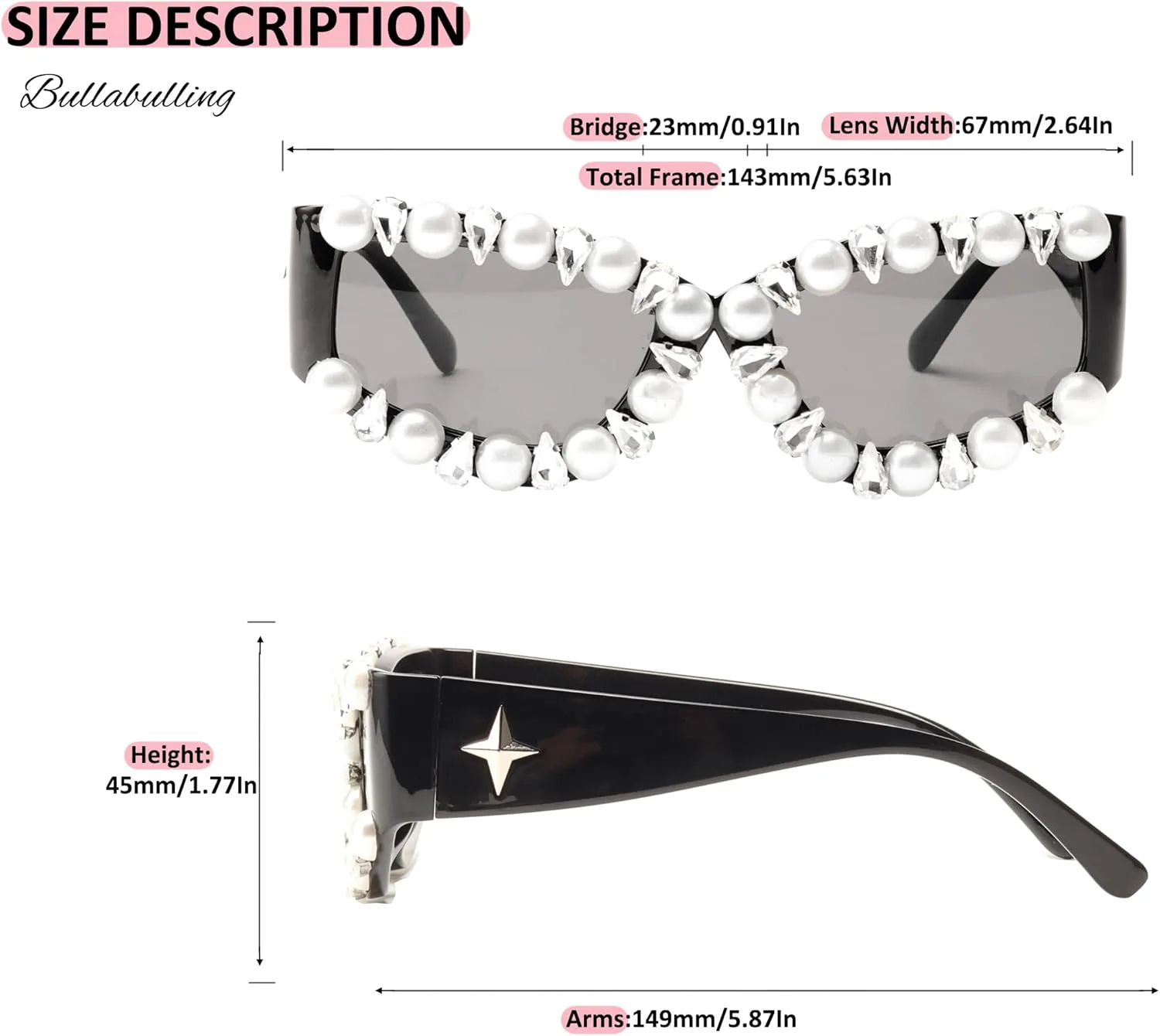 

bullabulling Солнцезащитные очки с оправой из стразов в стиле Y2K с жемчугом, очки-«кошачий глаз», очки для вечеринок, очки в стиле кибер-эстетики, Black