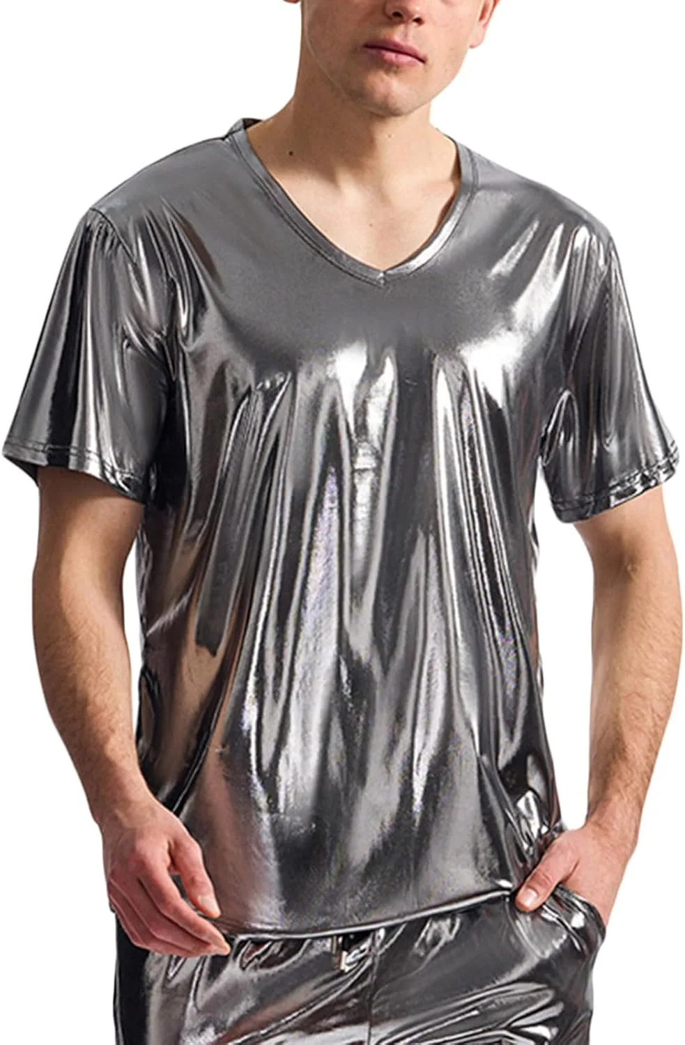 

Мужская блестящая металлическая футболка с V-образным вырезом и коротким рукавом Sdeycui