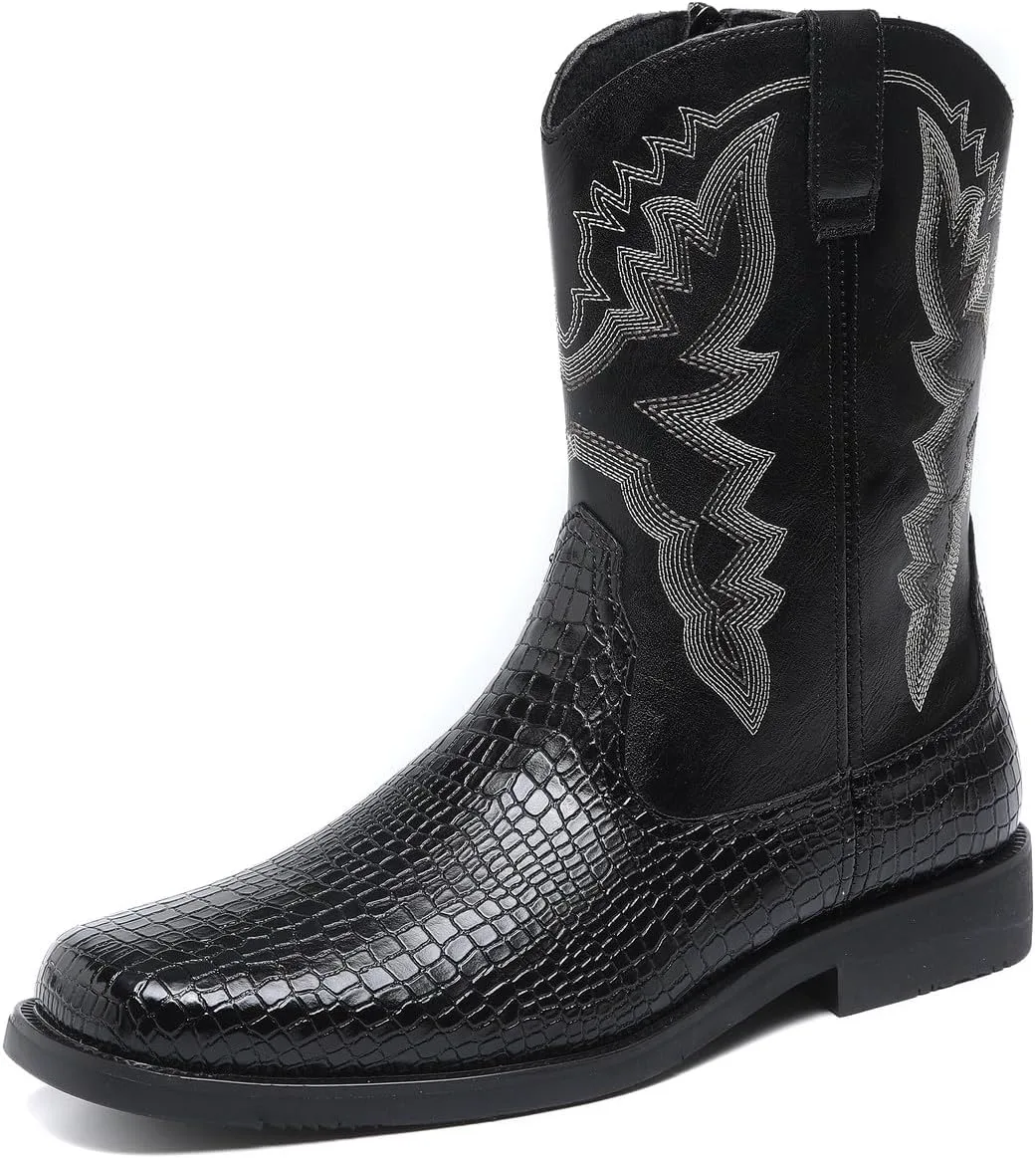

Мужские вестерн-ботинки Santimon с отделкой под крокодила, боковой молнией, средней высоты голенища, серебряной строчкой, квадратным носком, черный