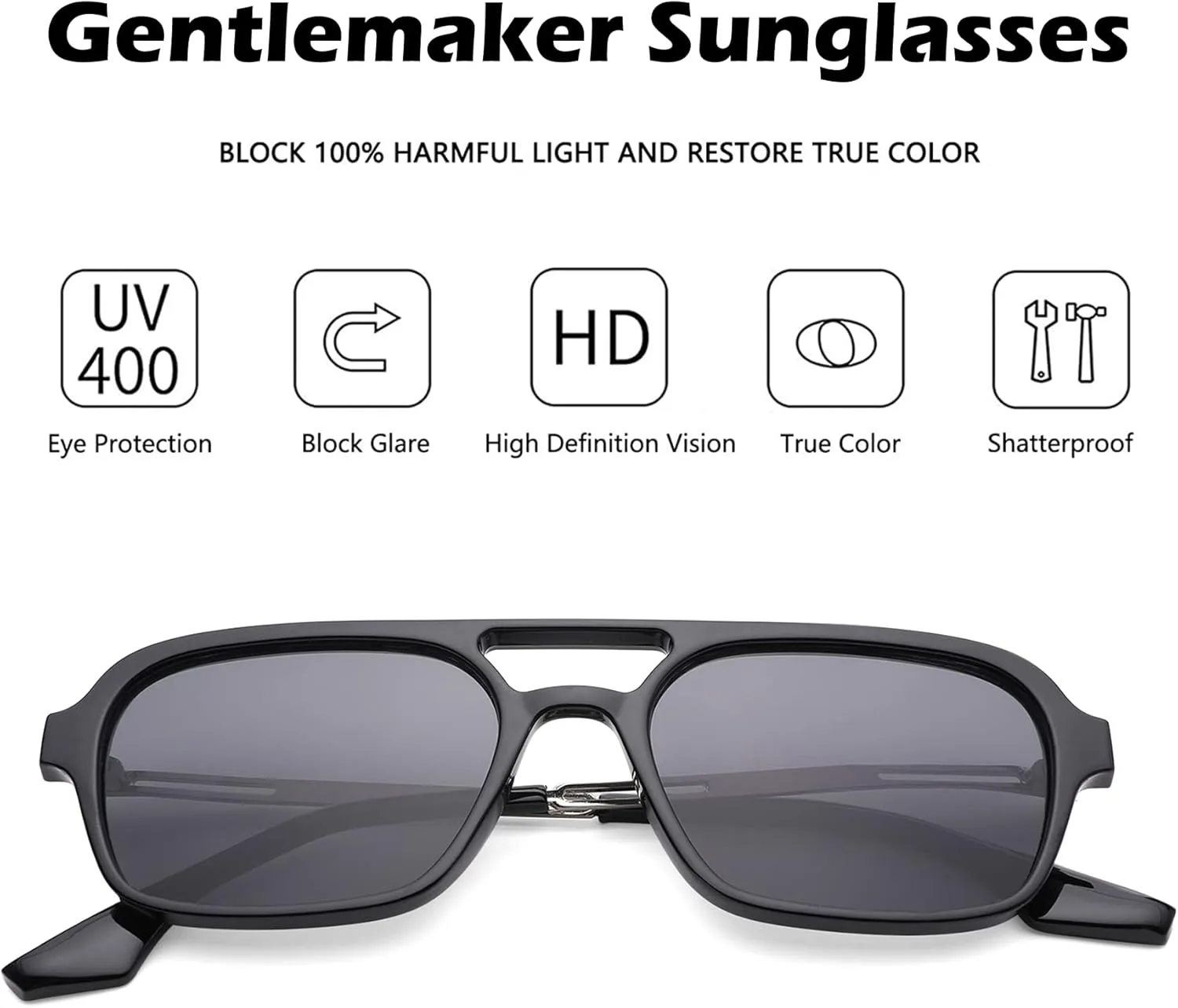 

Винтажные солнцезащитные очки-авиаторы 70-х годов для женщин и мужчин, квадратной формы, с защитой от УФ-излучения UV400 gentlemaker, B6 Black Frame/Gray Lens