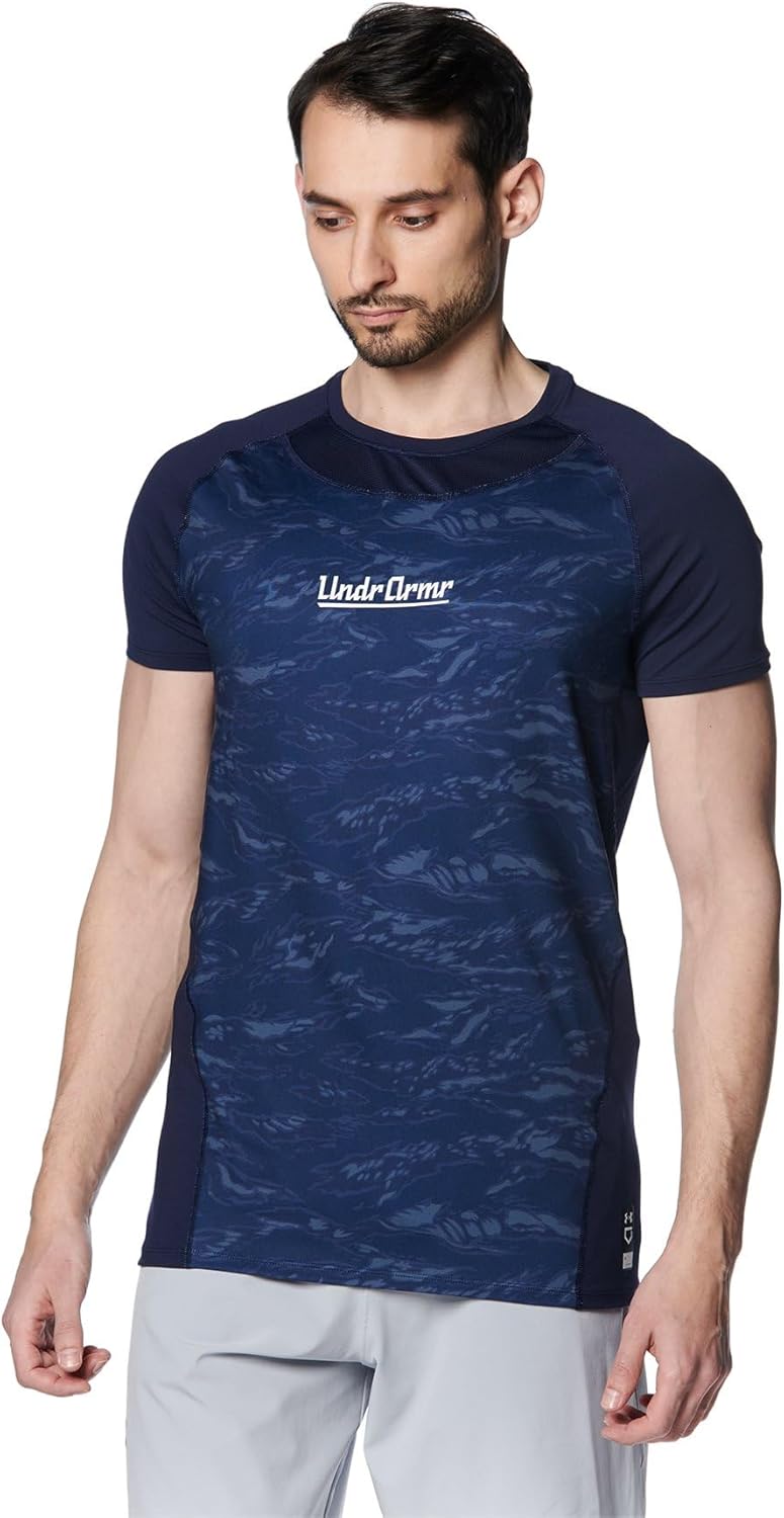

Футболка с коротким рукавом и круглым вырезом UNDER ARMOUR UA HEATGEAR Comfort Fitted Baselayer для мужчин, предназначенная для игры в бейсбол, темно-синий