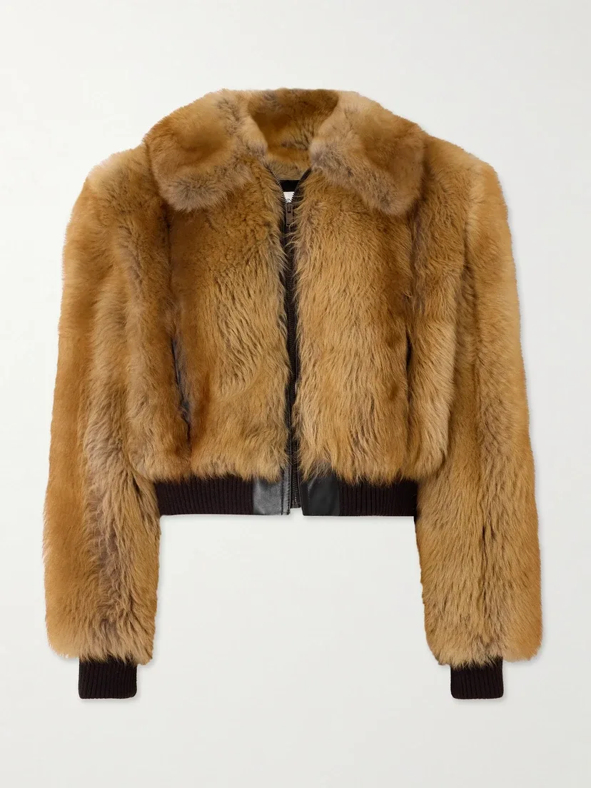 Дубленка-бомбер с кожаными вставками SAINT LAURENT, коричневый