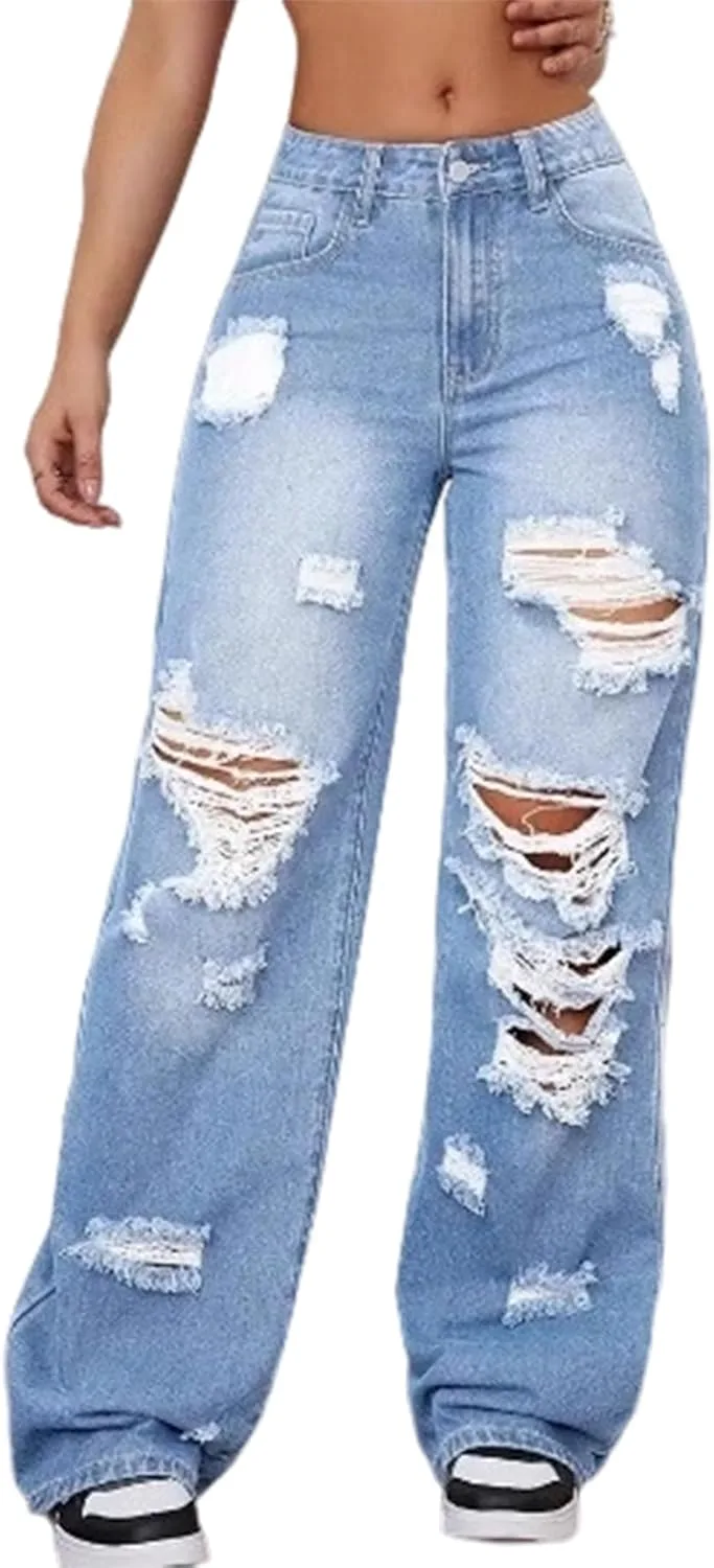 

Ptorlio Женские рваные джинсы Wide Leg Baggy High Waisted Y2K Stretchy Streetwear