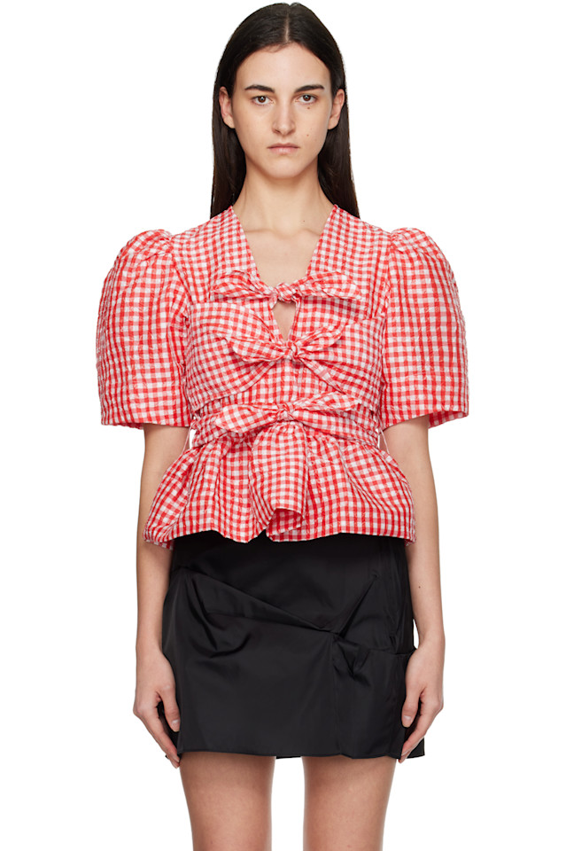 

Ganni Красная мятая клетчатая тафтовая блузка