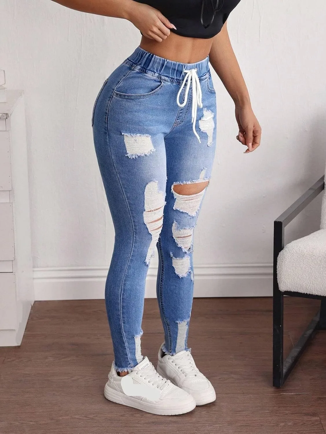 Женские потертые джинсы с эффектом стройности в стиле casual Generic, синий — фото 3
