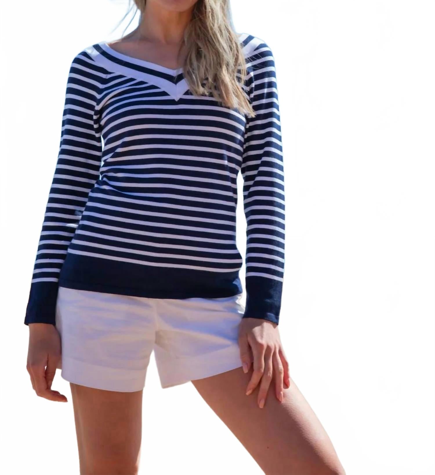 

Джемпер тонкой вязки с V-образным вырезом и контрастными полосками синего цвета MARBLE