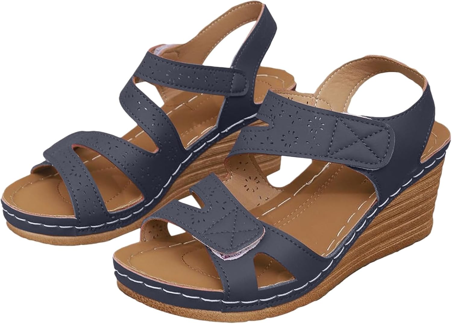 

Босоножки на танкетке для женщин с поддержкой свода стопы, ортопедические босоножки при бурсите, с открытым носком, на щиколотке, для прогулок, повседневные слипоны, летние босоножки на платформе Toumov, темно-синий