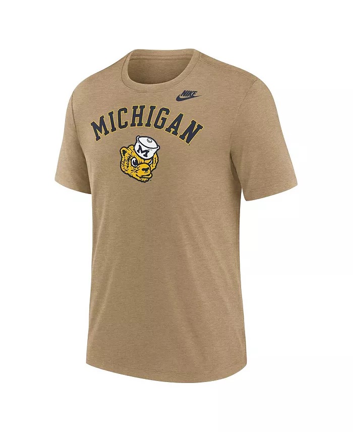 Мужская футболка Michigan Wolverines Legacy Arch Tri-Blend цвета светлого коричневого меланжа Nike — фото 2