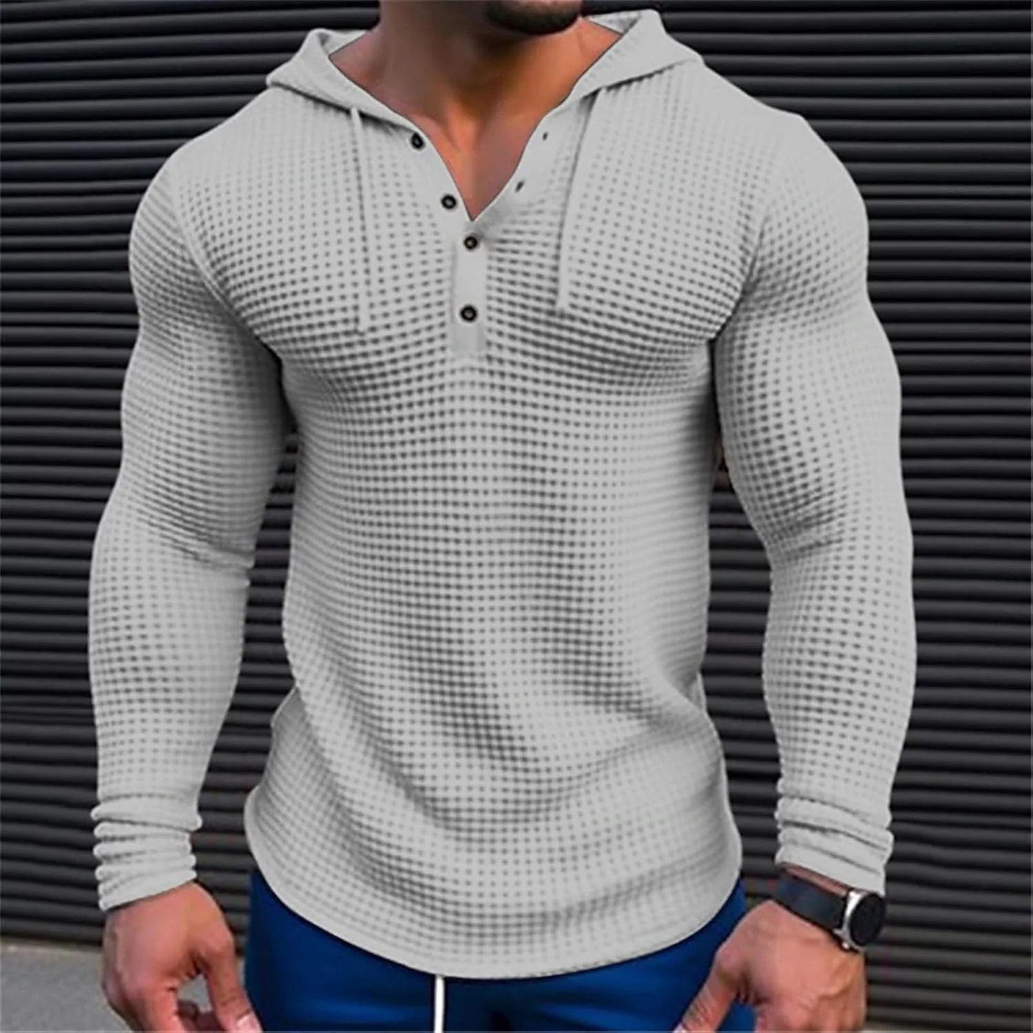 Толстовка с капюшоном Waffle Knit для мужчин, легкая, на пуговицах — фото 2