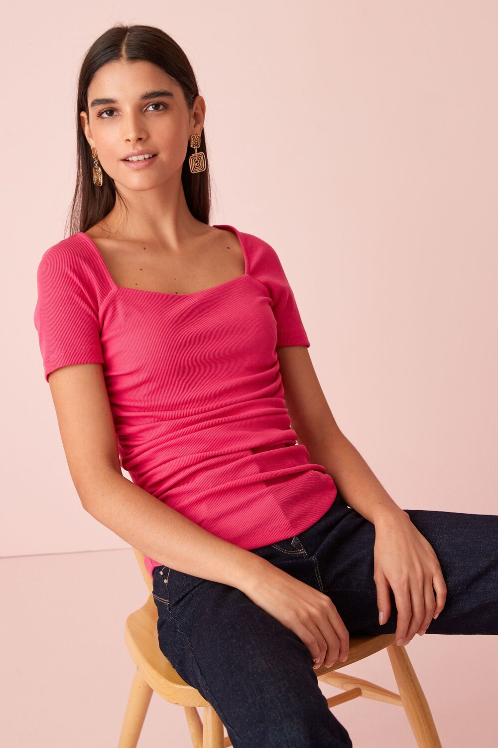 

Футболка с квадратным вырезом Короткие рукава с рюшами Next, розовый