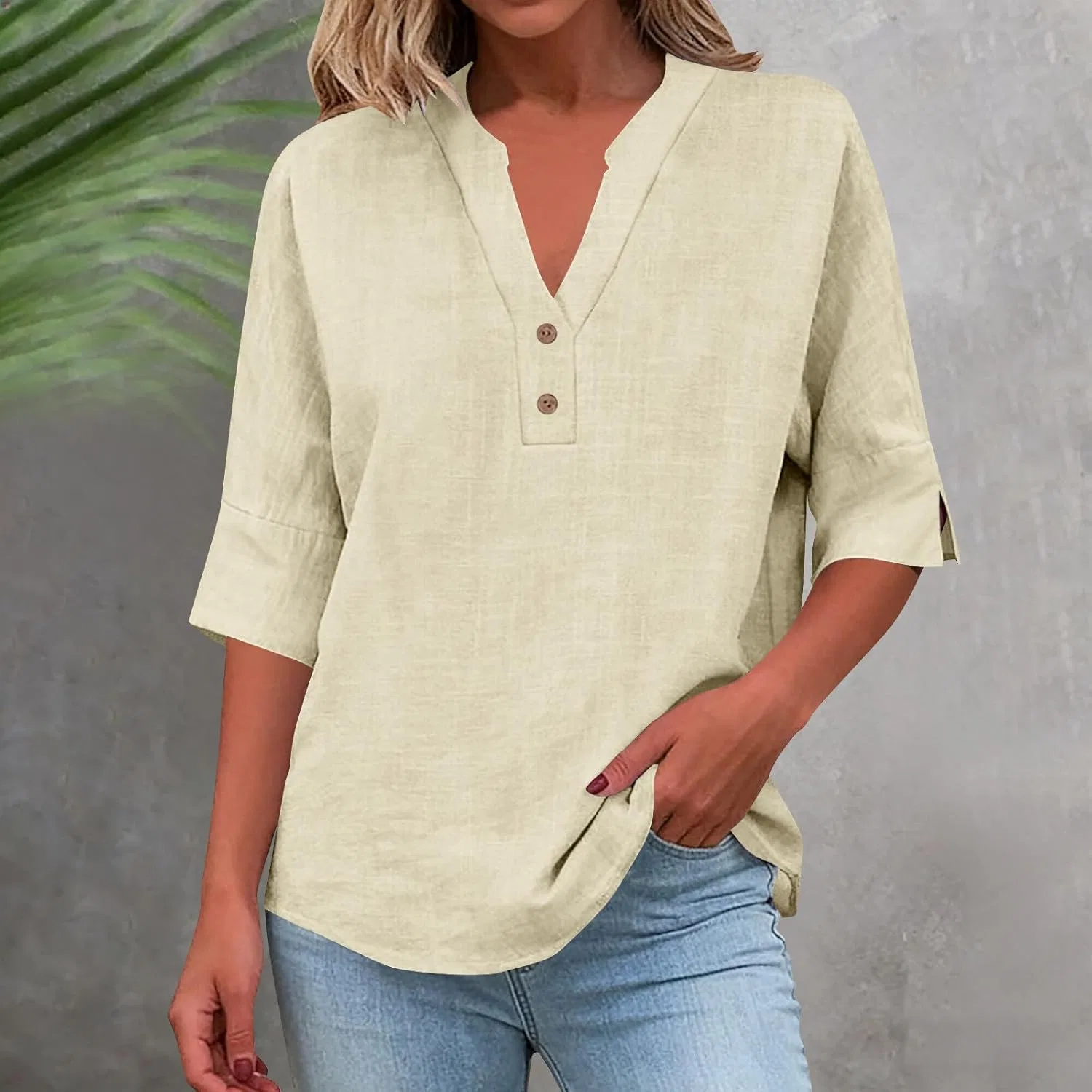 Женская блуза с V-образным вырезом, Cotton Linen, Beige#01 — фото 2