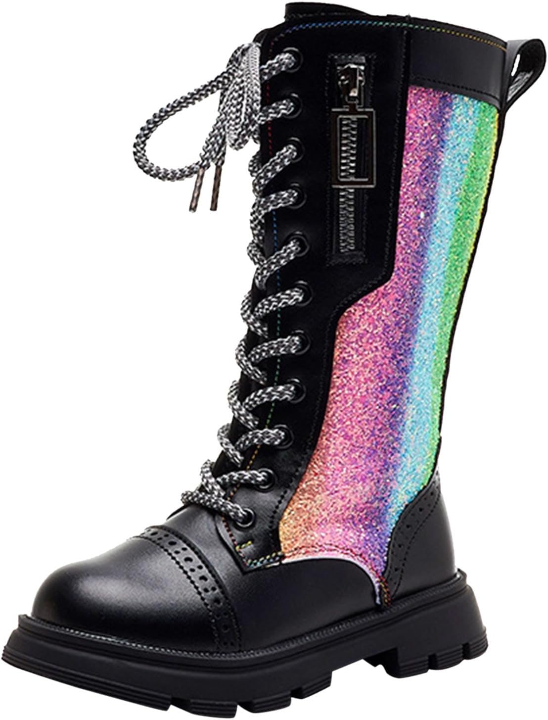 

Девочкам сапоги для верховой езды на шнуровке, высокие до середины голени, боевые сапоги, модные водонепроницаемые, из искусственной кожи с боковой молнией, панк-гот стиль, для детей 4-12 лет Generic, A18 Black