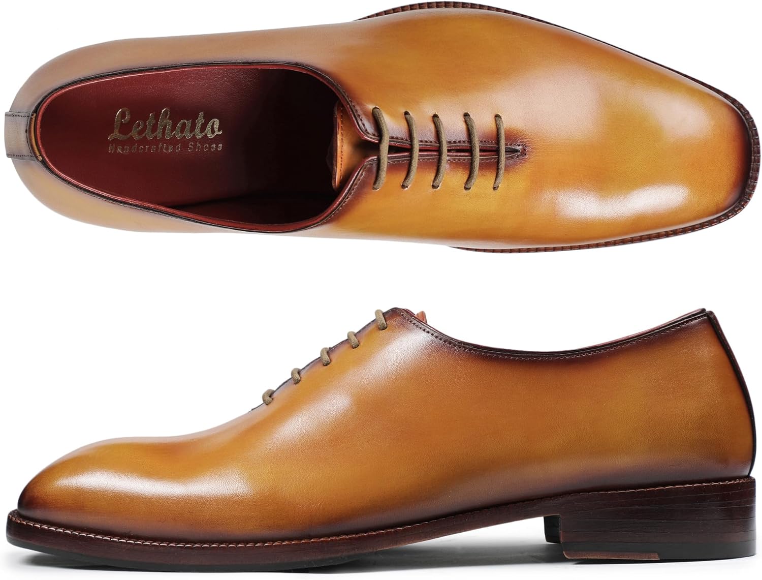 Мужские классические туфли Oxford Lethato Handcrafted из натуральной кожи на шнуровке, золотой — фото 2