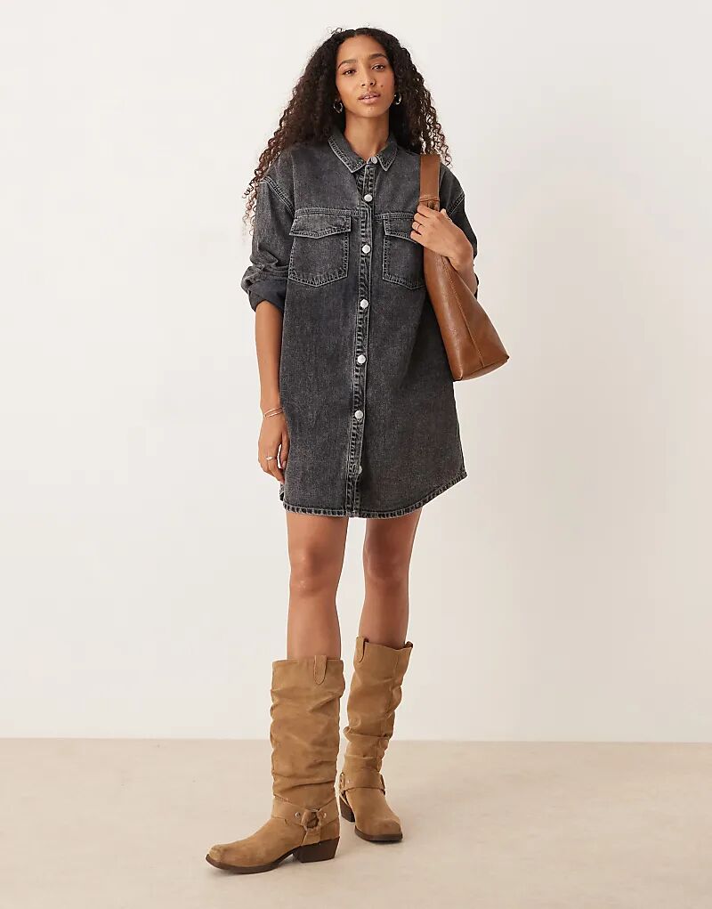 

Джинсовое мини-платье-рубашка с длинными рукавами Roxy Tidal в сером цвете