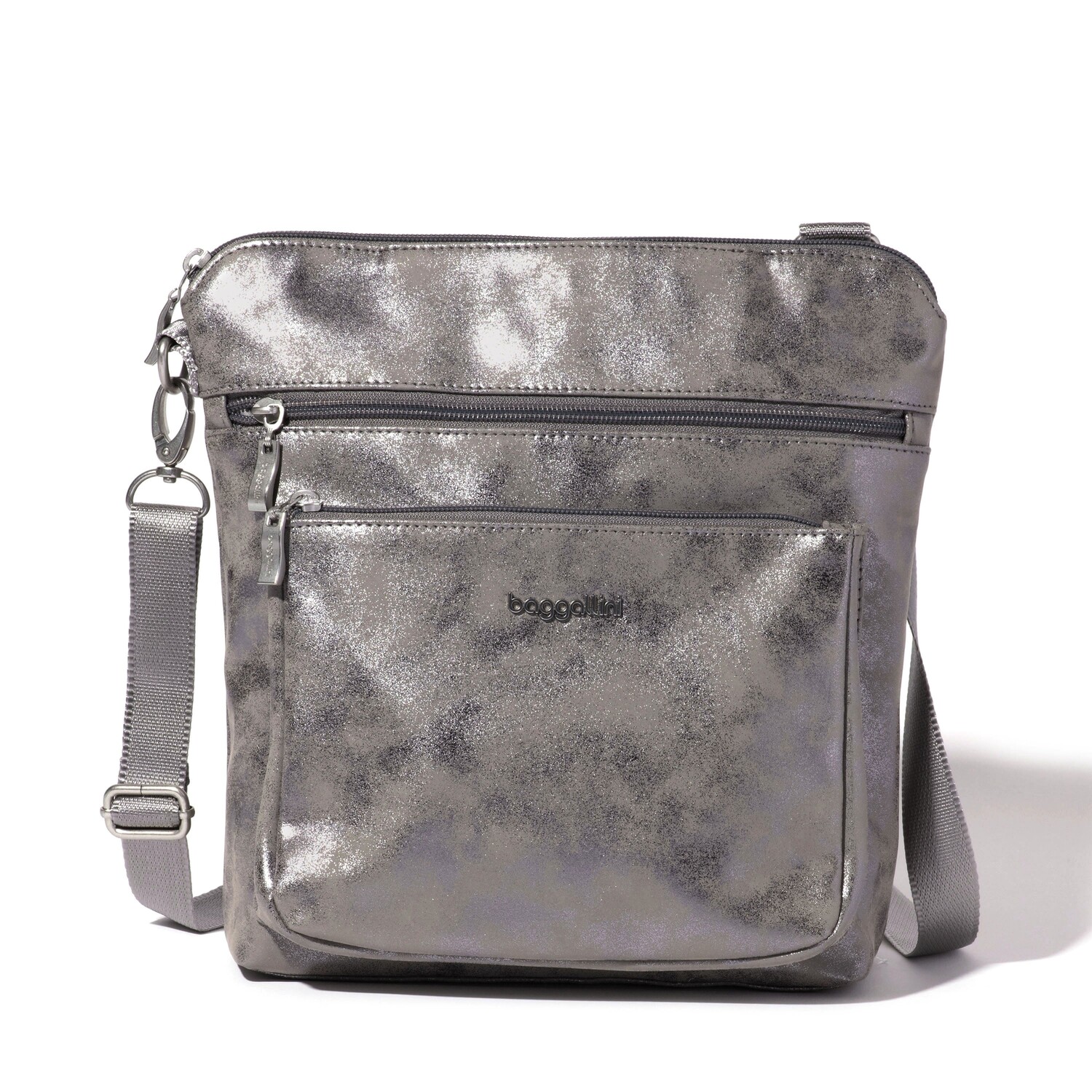 

Baggallini Женская современная большая карманная сумка через плечо, цвет Silver Metallic Vegan Suede