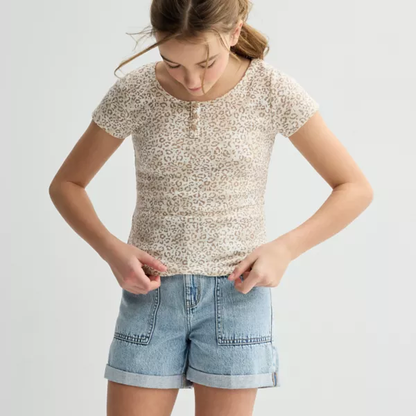 

Топ с короткими рукавами для девочек 6-20 лет, стандартные и большие размеры So, цвет cream leopard