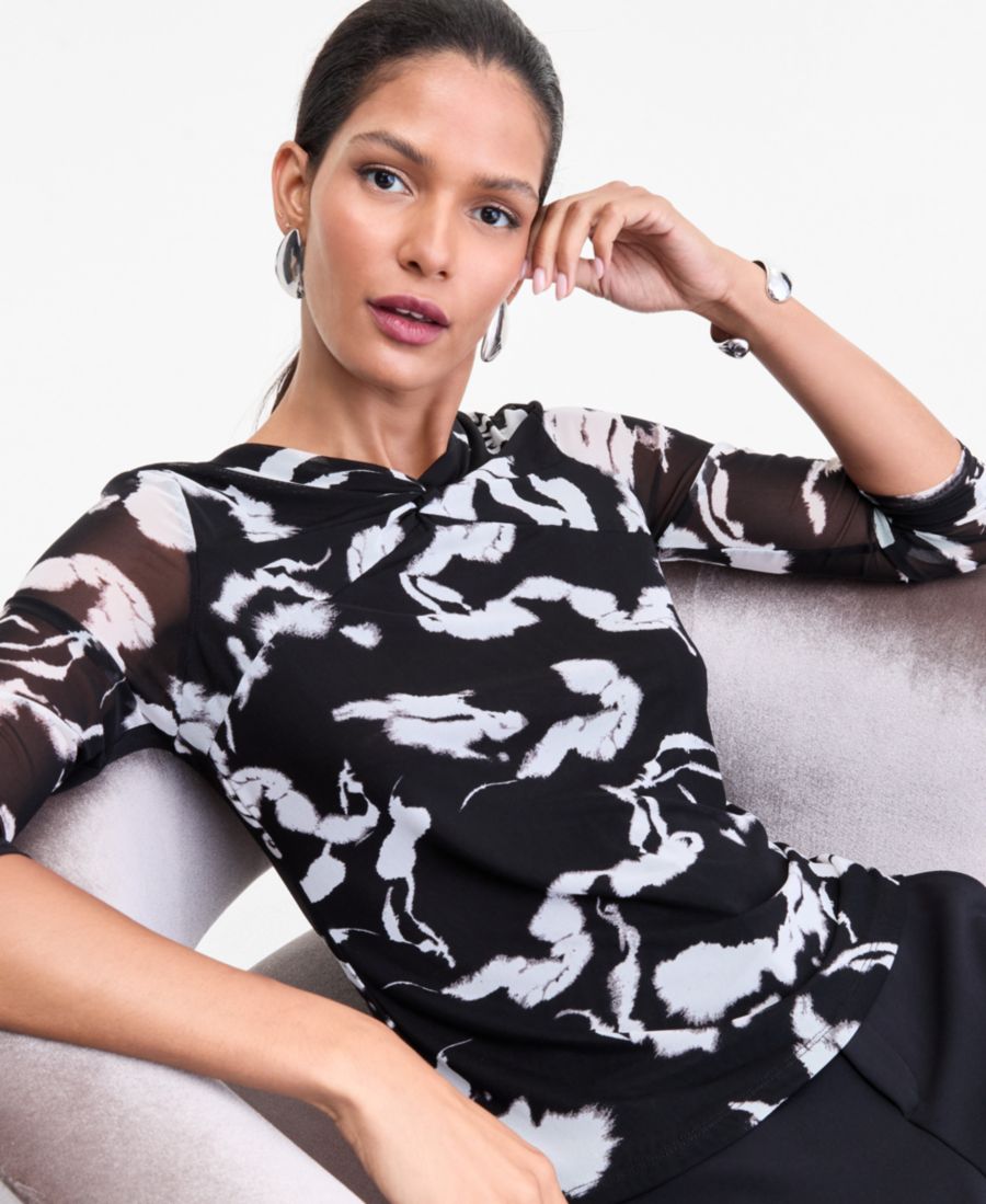 

Женская сетчатая блузка с перекрученным вырезом и принтом INC International Concepts, Dahlia Black