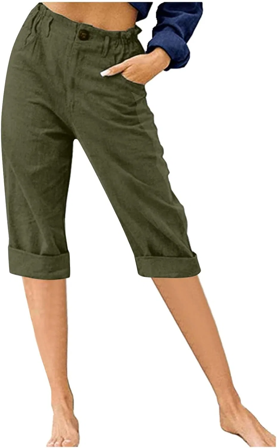 Капри для женщин, высокая талия, широкие штанины, хлопок и лен, Army Green