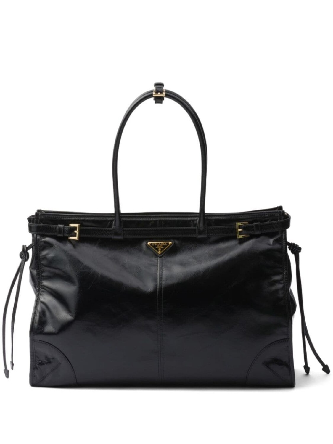 

Большая кожаная сумка Prada с треугольным логотипом, черный