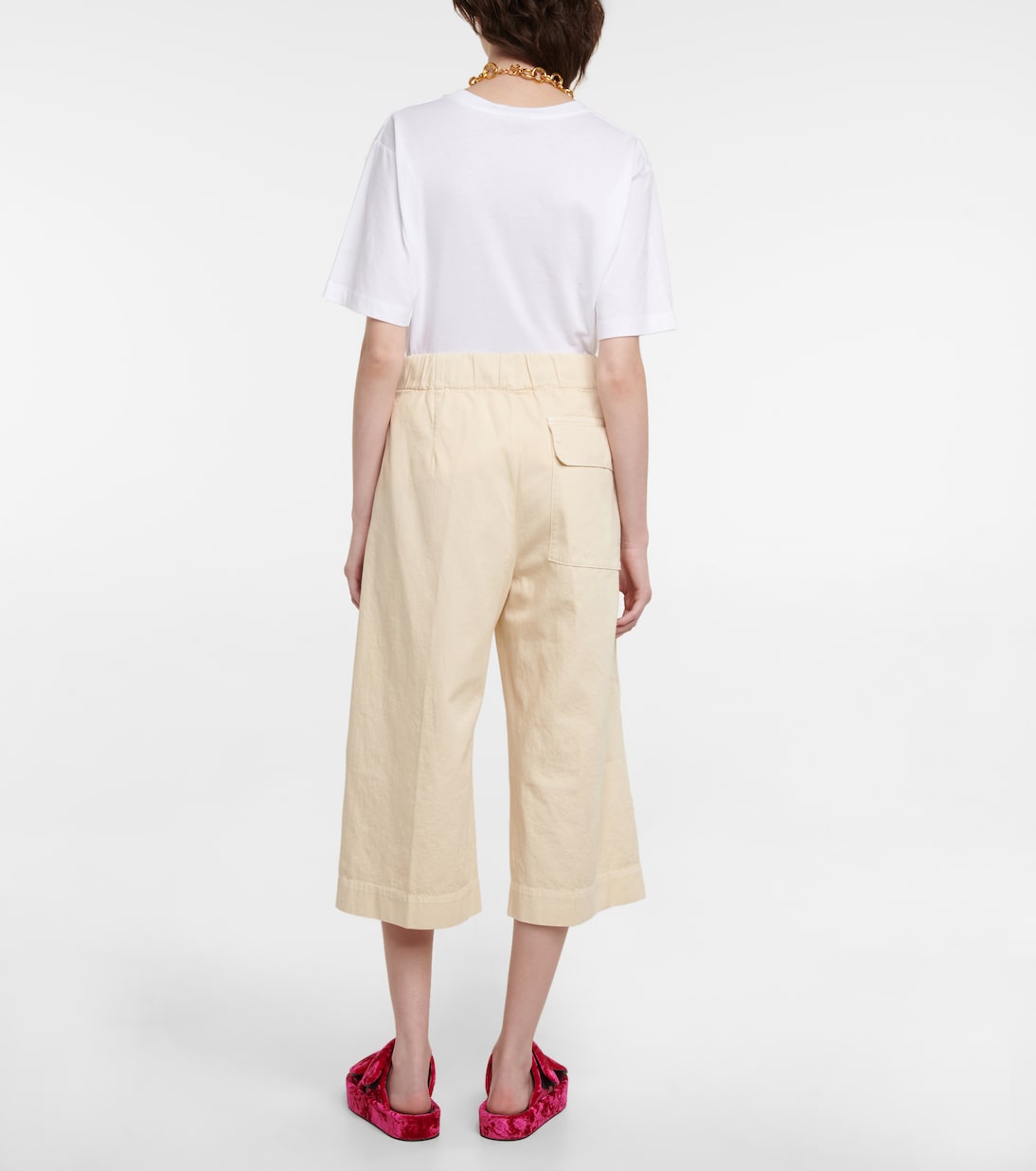 Укороченные брюки из хлопка с высокой посадкой и широкими штанинами Dries Van Noten, экрю — фото 3