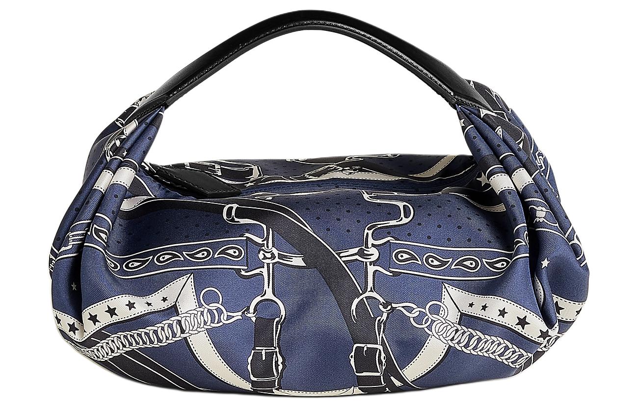 

HERMES Сумка обеденная из шелка и кожи, Indigo Blue & Black