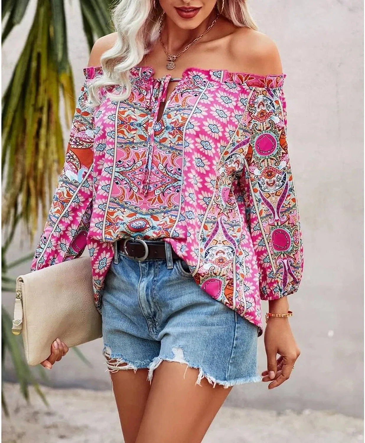 Блуза с цветочным принтом, off shoulder, QREXVOG, розовый — фото 3