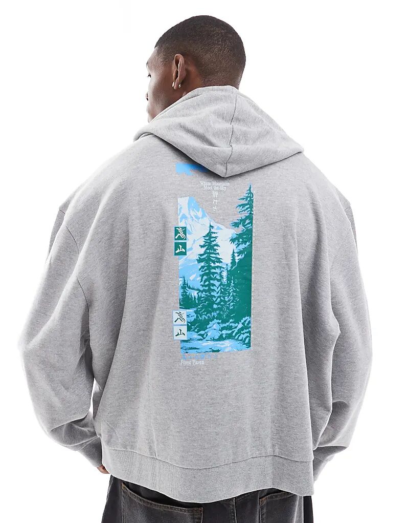 

Свободная толстовка с капюшоном большого размера с фотографическим принтом на спине серого меланжевого цвета ASOS DESIGN