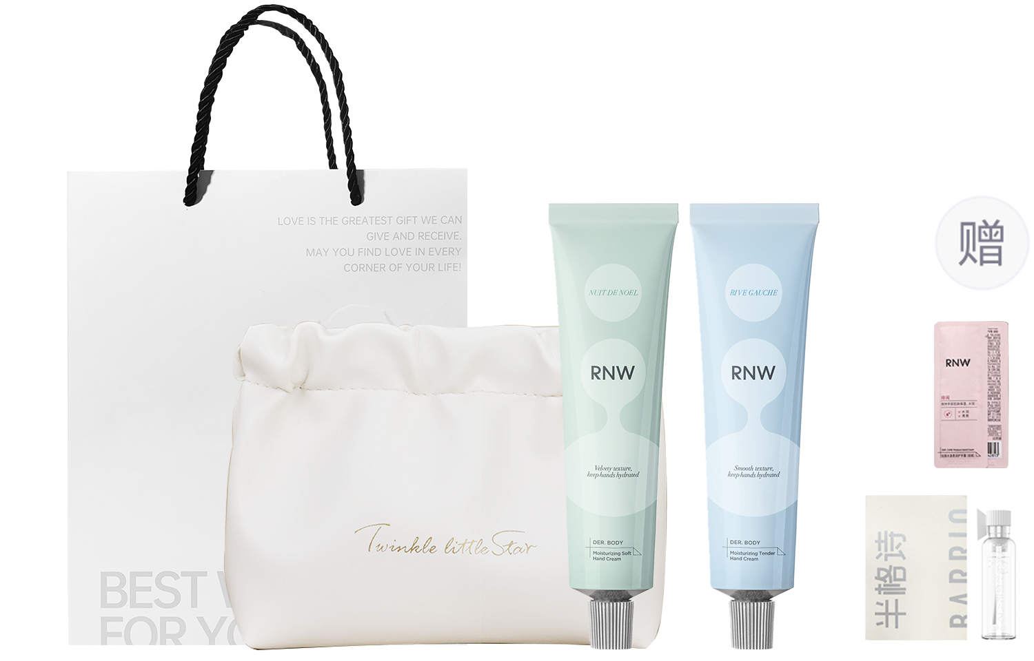 Набор: ароматизированный крем для рук, косметичка, шоппер RNW, Christmas Night+Scandal+Makeup Bag+Shopping Bag, Includes Hand Cream Sample+Perfume Sample — фото 2