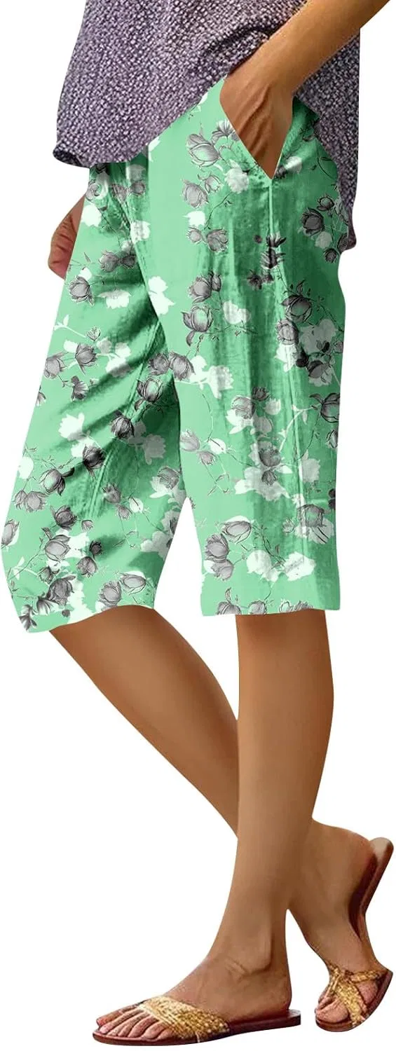 Женские бермуды из хлопка и льна, свободные, с карманами, Oi230-light Green