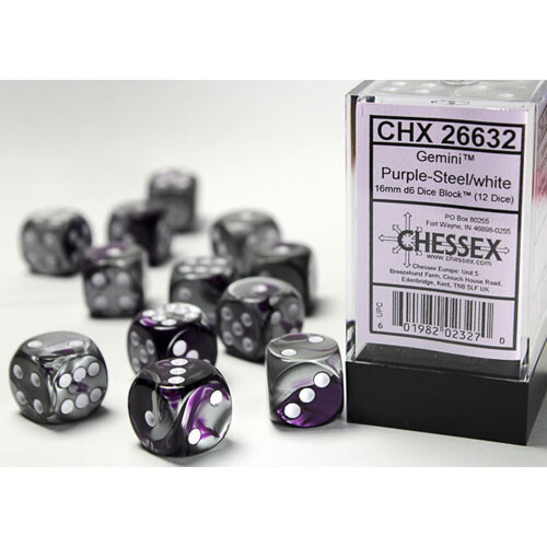 

Аксессуары Chessex Chessex 16mm d6 Set: Gemini - Purple-Steel w/White (12)