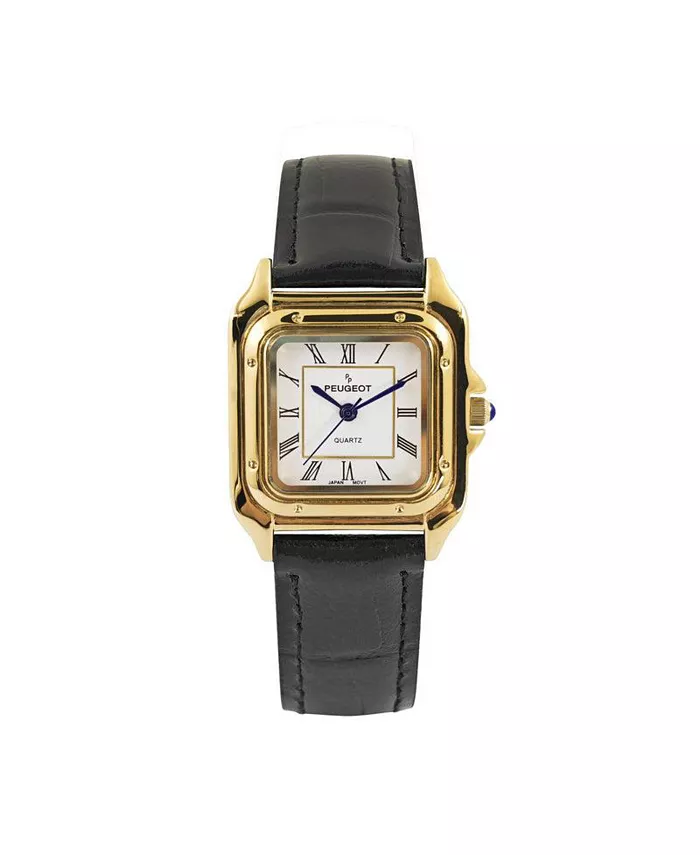 

Женские часы с 32-мм корпусом в форме Tank, с черным кожаным ремешком и позолотой 14K Peugeot, черный