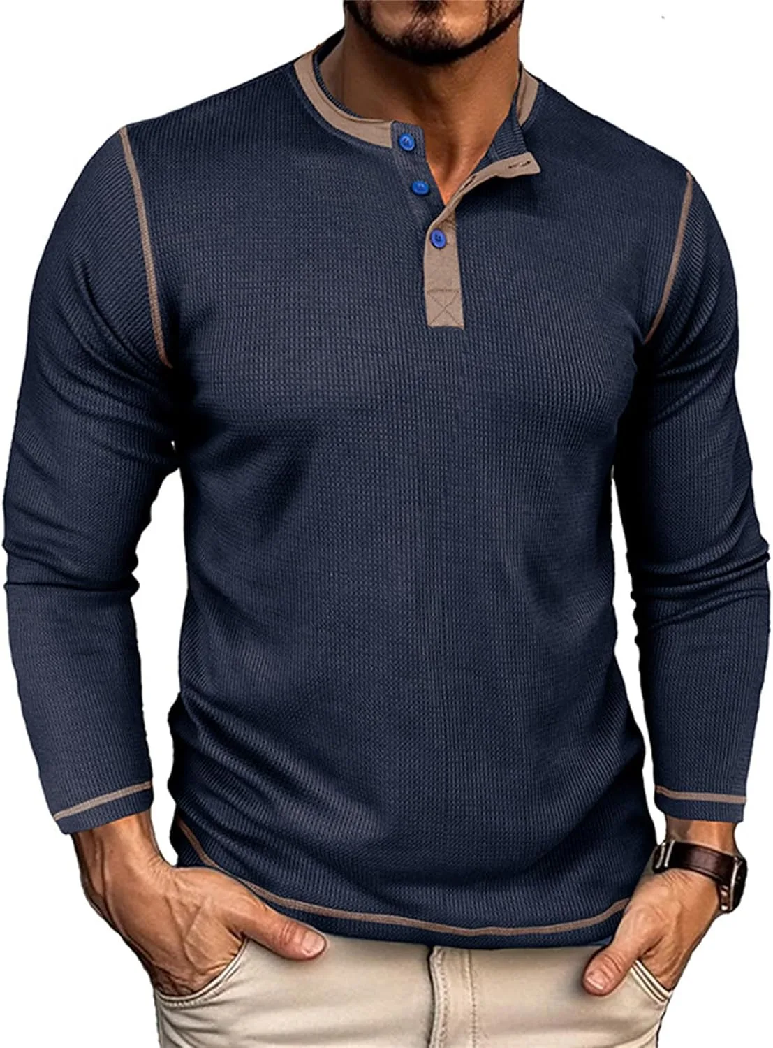 

Мужская хлопковая футболка Henley с длинным рукавом реглан, облегающая CHXLQQX