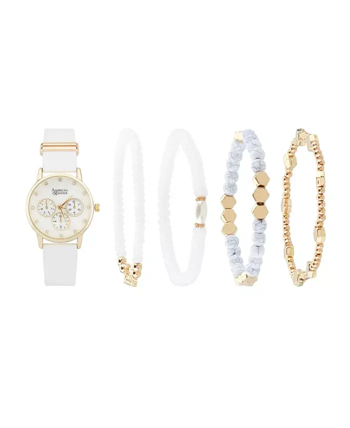

Женские белые лакированные часы с аналоговым циферблатом 32 мм из полиуретановой кожи с ремешком и набором браслетов в подарок American Exchange