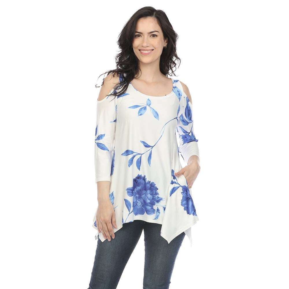 

Женский топ с открытыми плечами и цветочным принтом WM Fashion, цвет White Blue