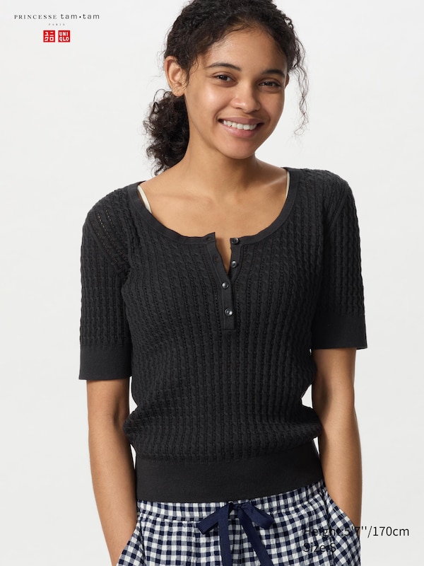

Джемпер с ажурной вязкой и воротником-хомутом (короткий рукав) Uniqlo, черный
