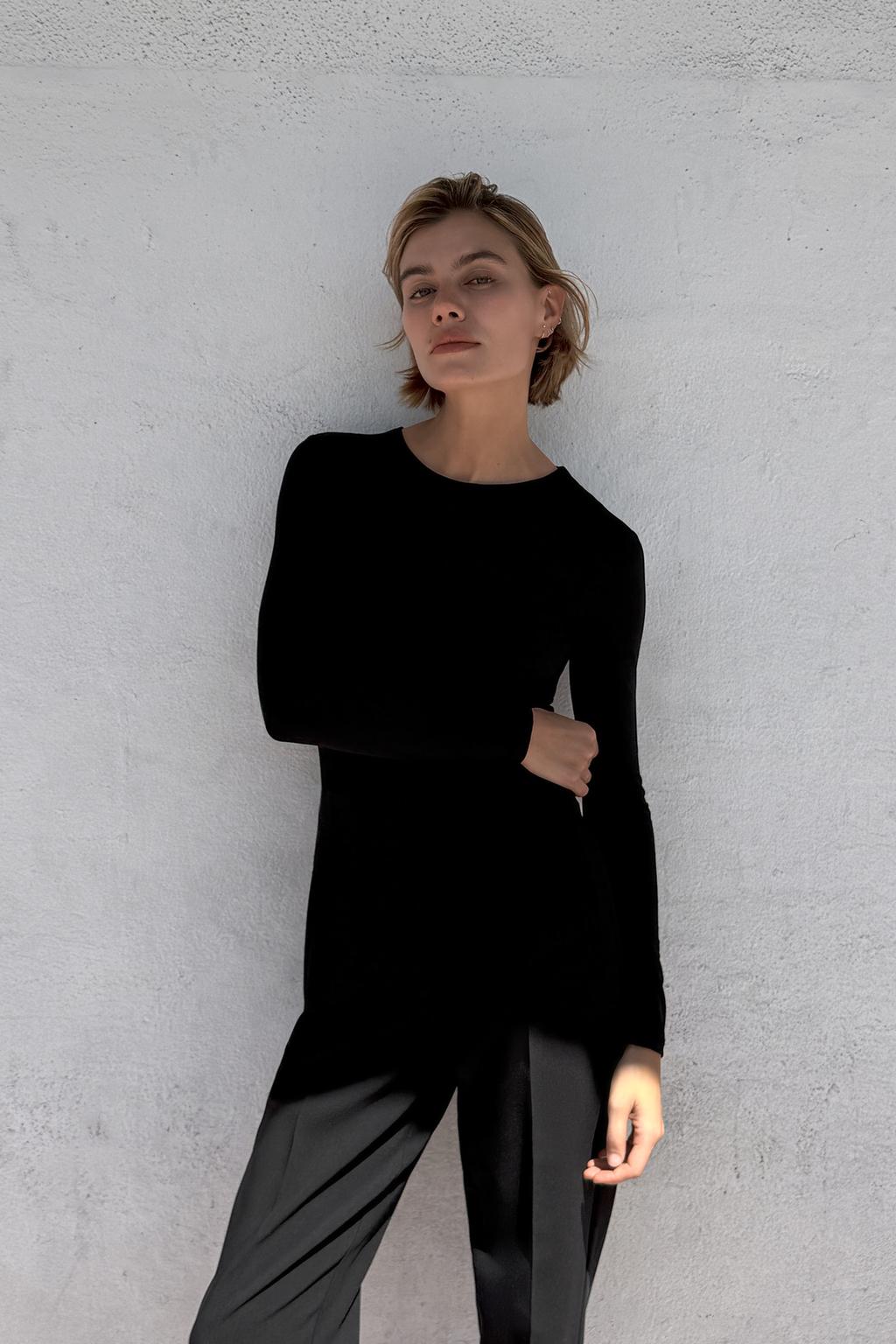 

Полиамидное боди с длинным рукавом ZARA, черный