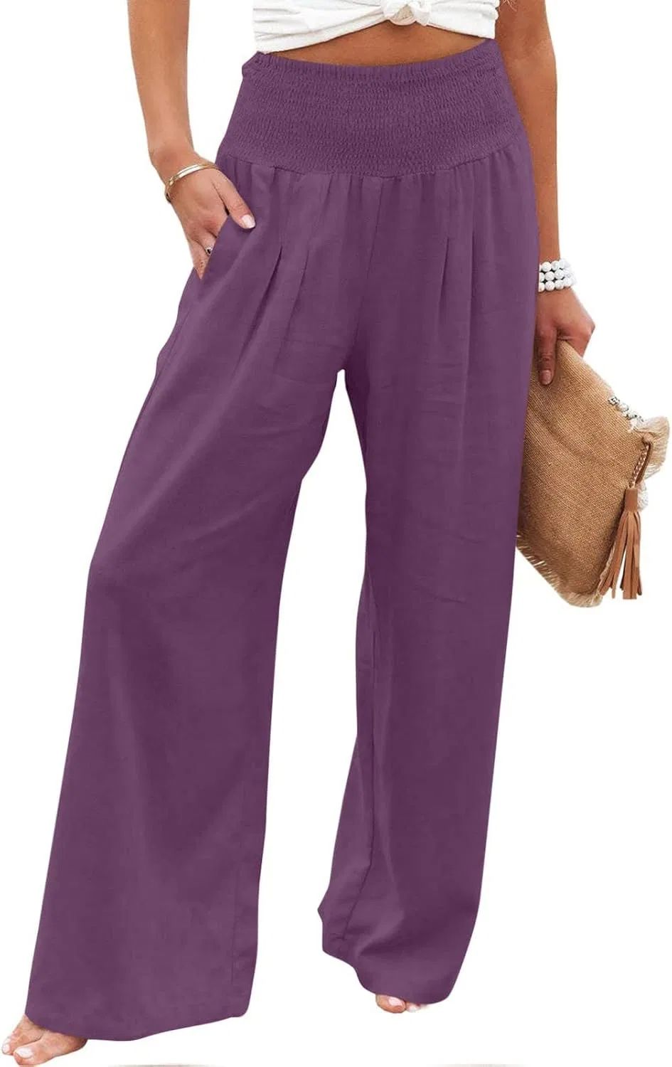 Женские брюки палаццо с завышенной талией, Cotton Linen, A04_purple