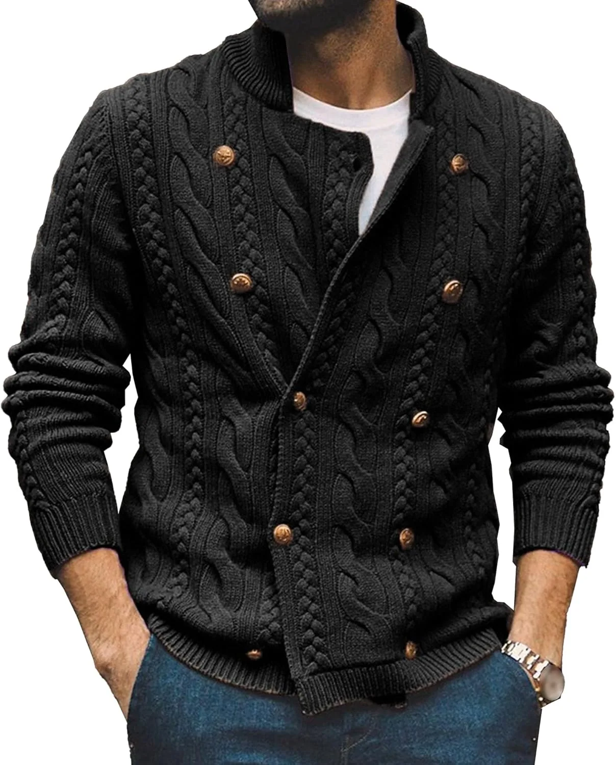 

Мужской кардиган с двойной застежкой и воротником стойкой, кабельная вязка, slim fit QOAAIE
