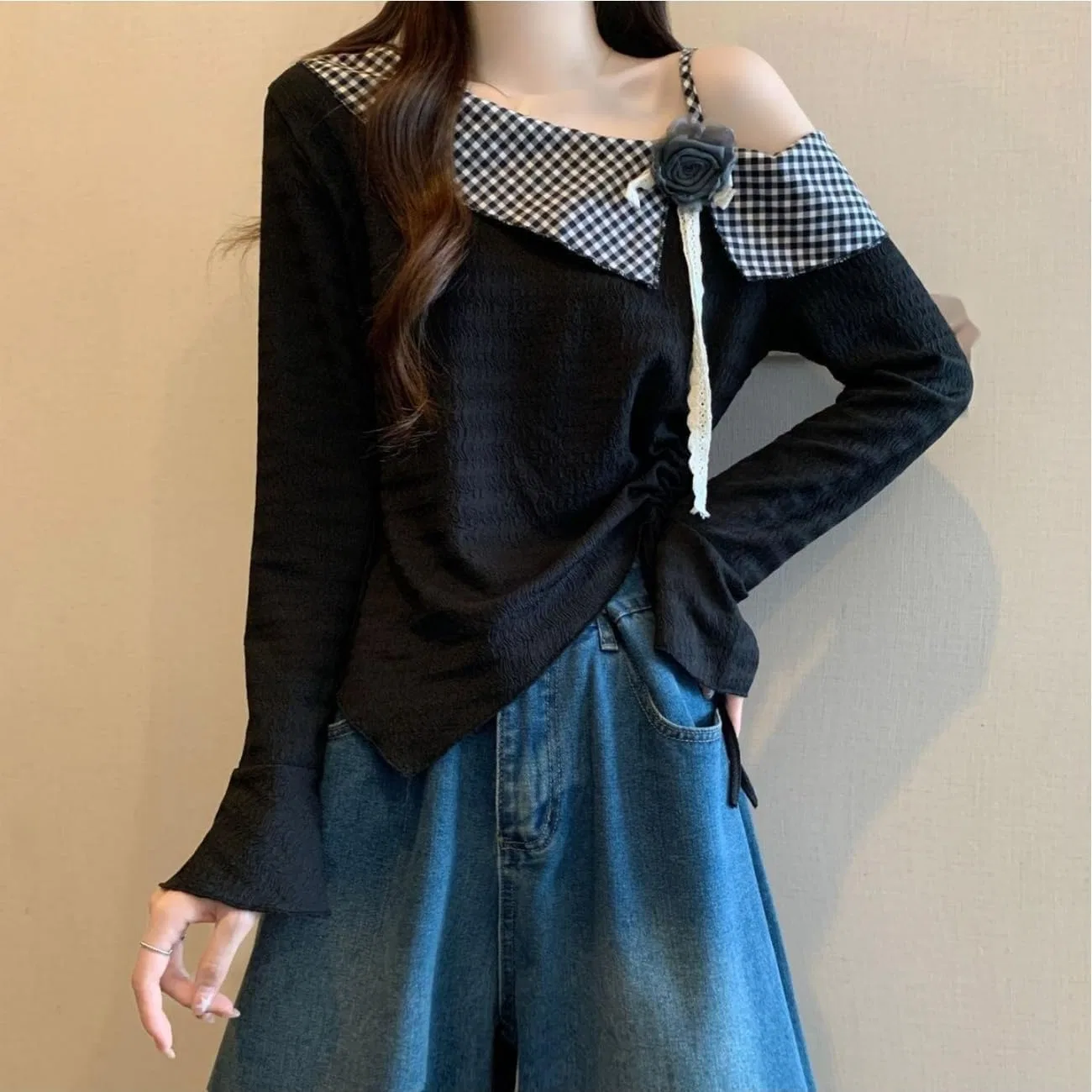 Блуза с открытыми плечами, клетчатая, Women's Cut and Sew Off Shoulder Plaid Switching Top, черный — фото 4