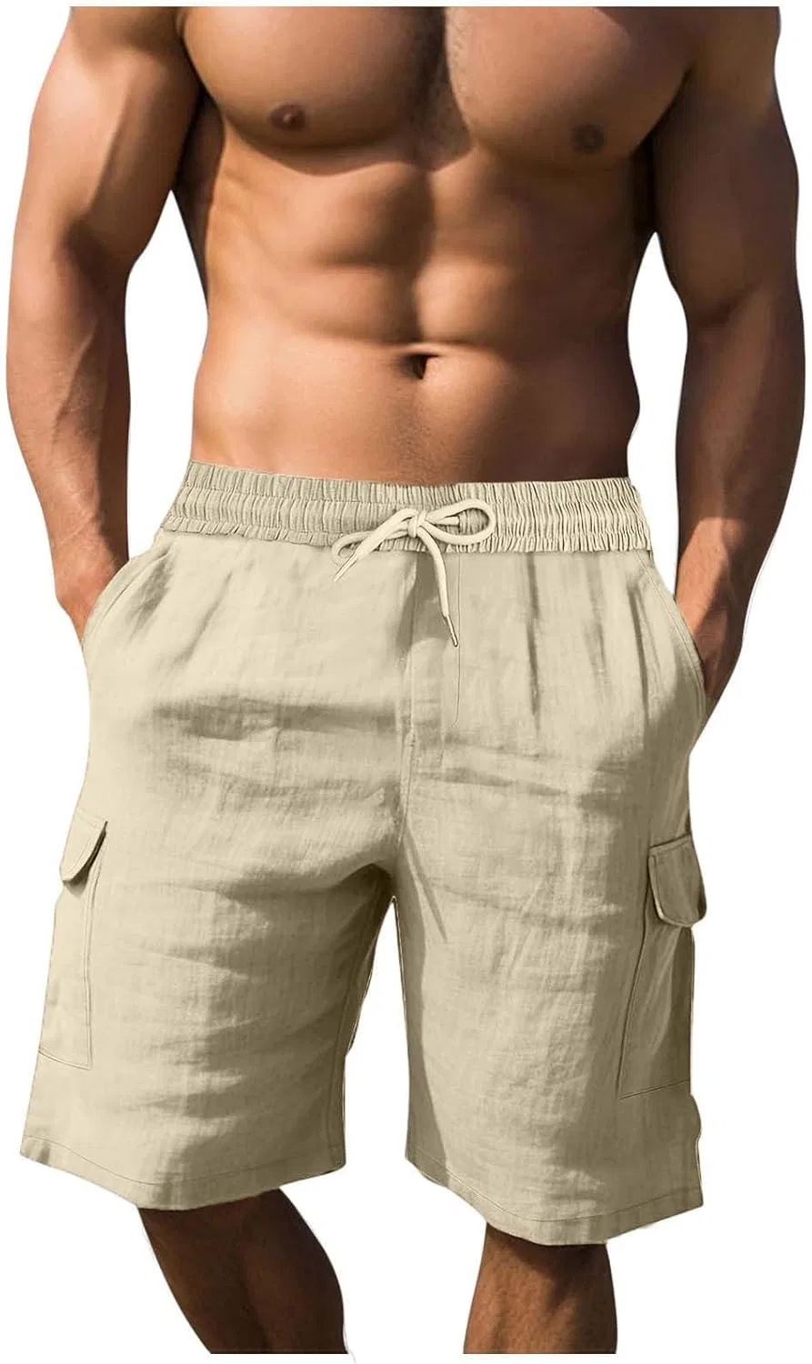 Шорты мужские из льна и хлопка, свободные, с множеством карманов, A02_khaki