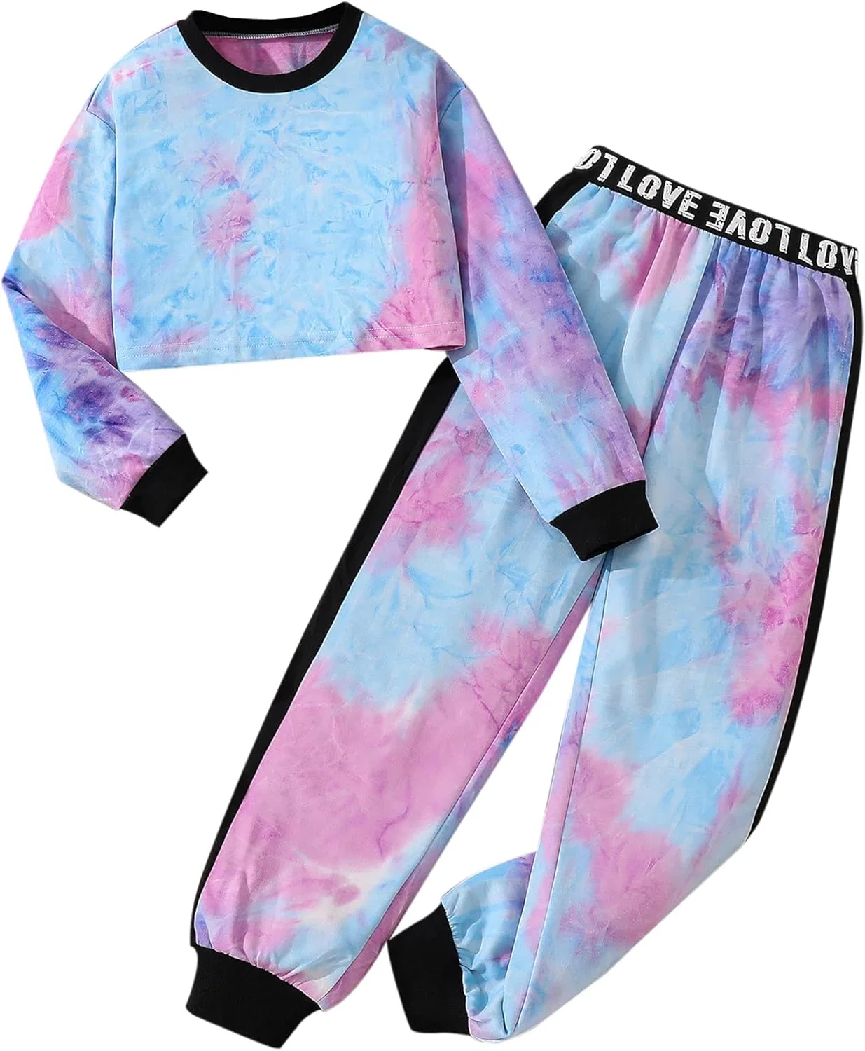 LuxyBear Комплект из двух предметов для девочек: укороченный топ с длинными рукавами и толстовка с принтом тай-дай, спортивные штаны, Multicolor