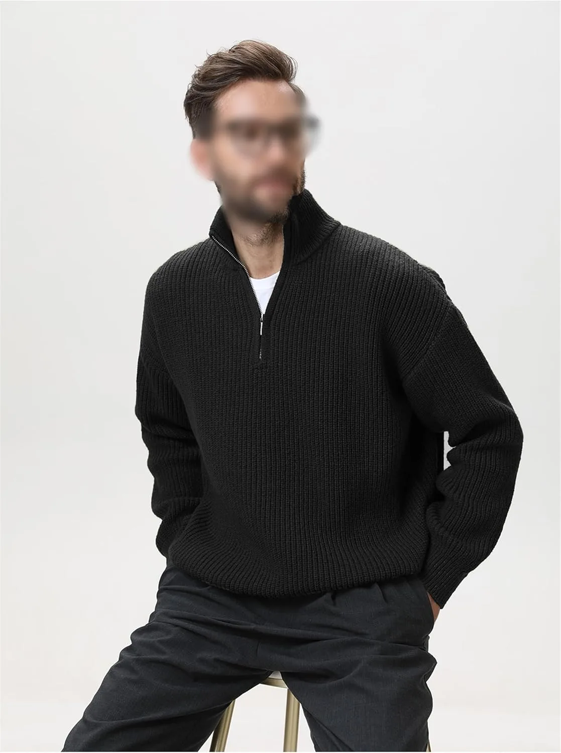 Мужской свитер с четвертью молнии, осень-зима, Slim Fit, воротник-стойка — фото 4