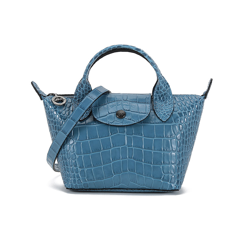 

Сумка-пельмень из крокодиловой кожи теленка Мини женская сине-серая LONGCHAMP