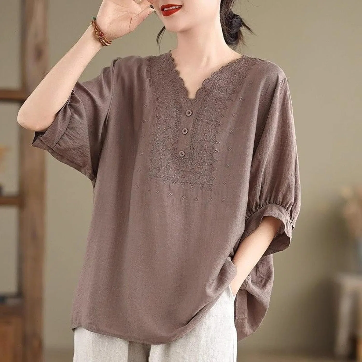 Блуза, свободная, Cotton Linen, кофе — фото 2