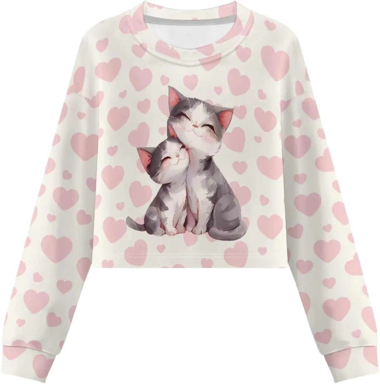 Детский укороченный свитшот с принтом Cat Love Heart, Coldinair, розовый — фото 4