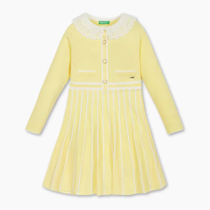 Детское жёлтое вязаное платье с кружевным воротником от Benetton Kids